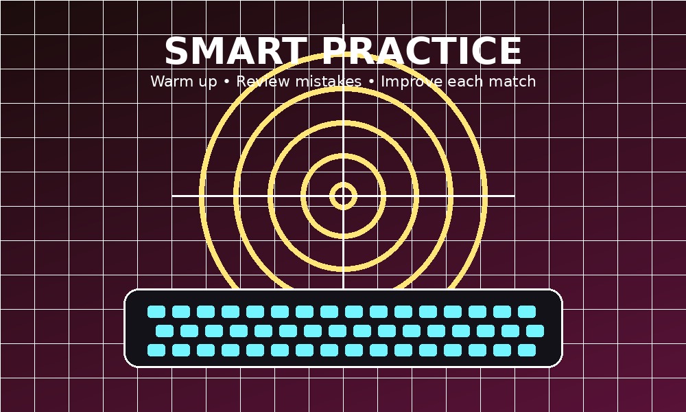Illustrated target practice screen with gaming keyboard